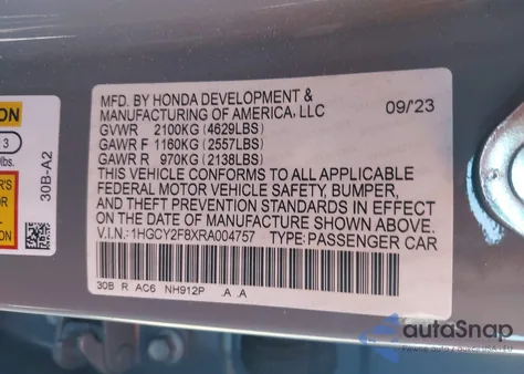 2024 Honda Accord Hybrid Touring from USA, damaged, VIN 1HGCY2F8XRA004757